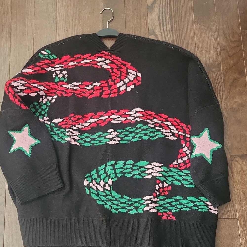 Dressed In Lala Black Sweater with Red and Green Pattern